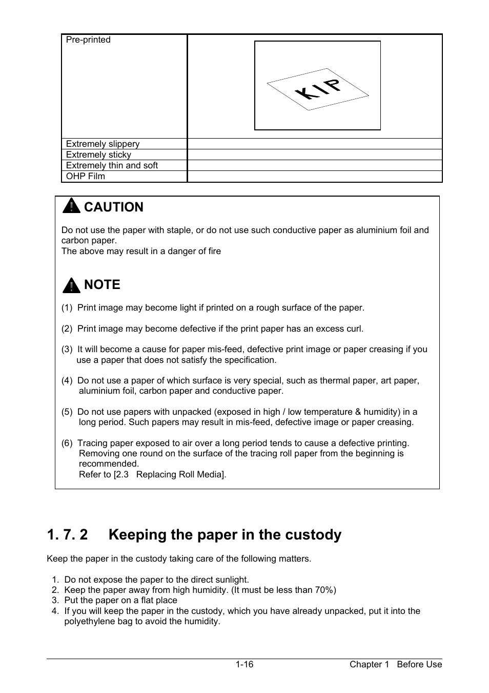 7. 2 keeping the paper in the custody, Caution | KIP 7170K User Manual | Page 23 / 75