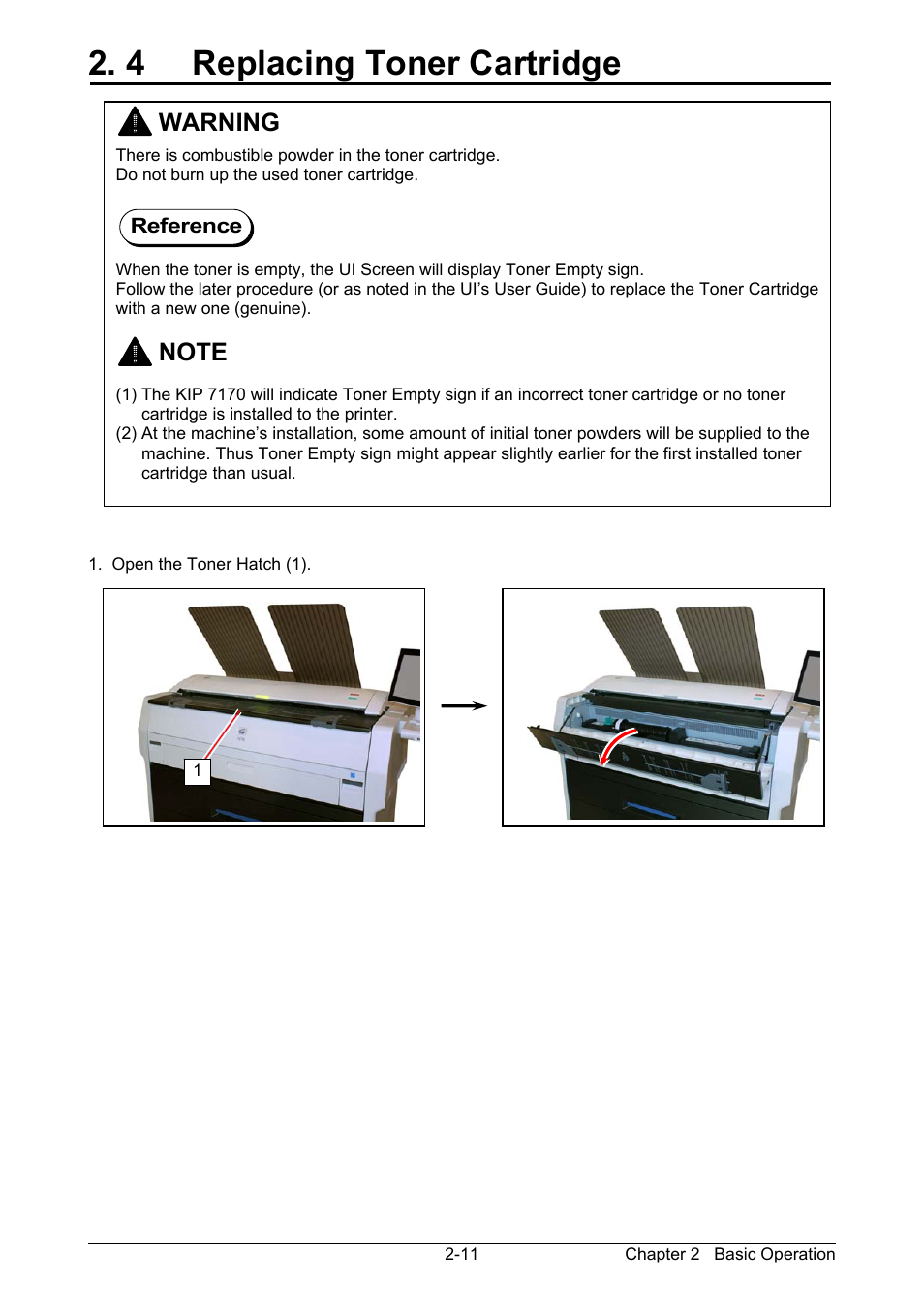 4 replacing toner cartridge, Warning, Reference | KIP 7170K User Manual | Page 35 / 75