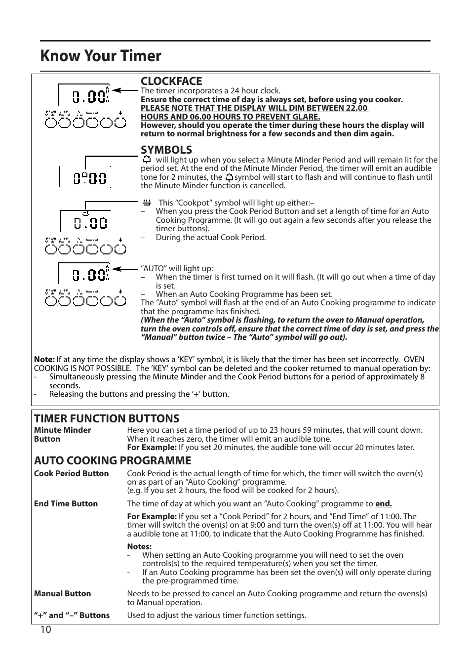 Know your timer, Clockface, Symbols | Timer function buttons auto cooking programme | Creda E420E User Manual | Page 10 / 40