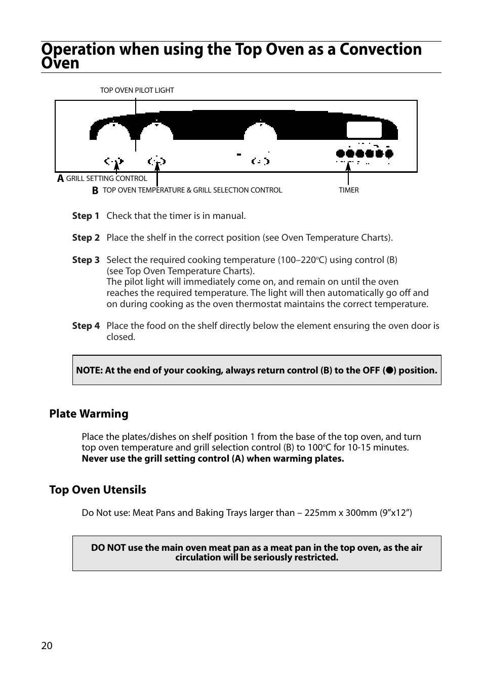 Plate warming, Top oven utensils | Creda E420E User Manual | Page 20 / 40