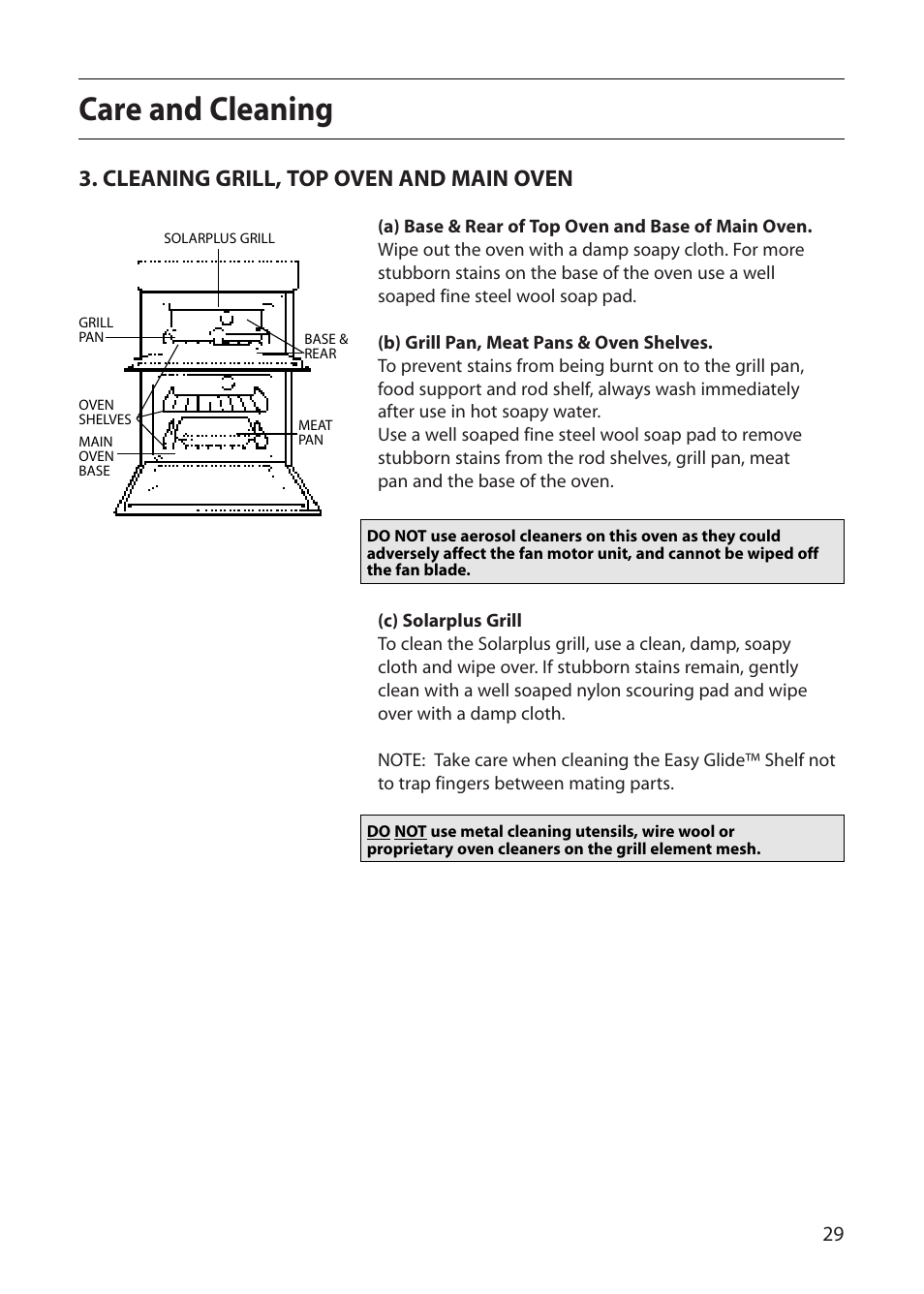 Care and cleaning, Cleaning grill, top oven and main oven | Creda E420E User Manual | Page 29 / 40