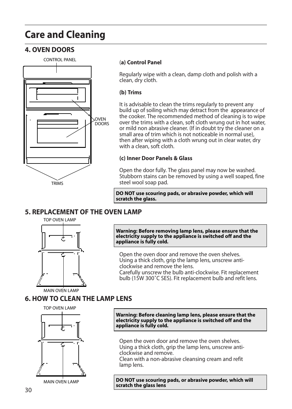 Care and cleaning, Oven doors, Replacement of the oven lamp | How to clean the lamp lens | Creda E420E User Manual | Page 30 / 40