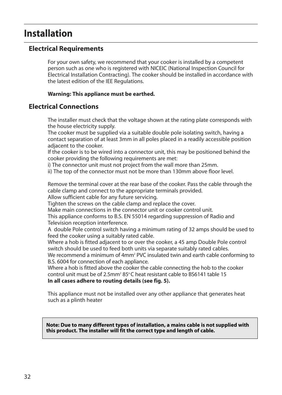 Installation, Electrical requirements, Electrical connections | Creda E420E User Manual | Page 32 / 40