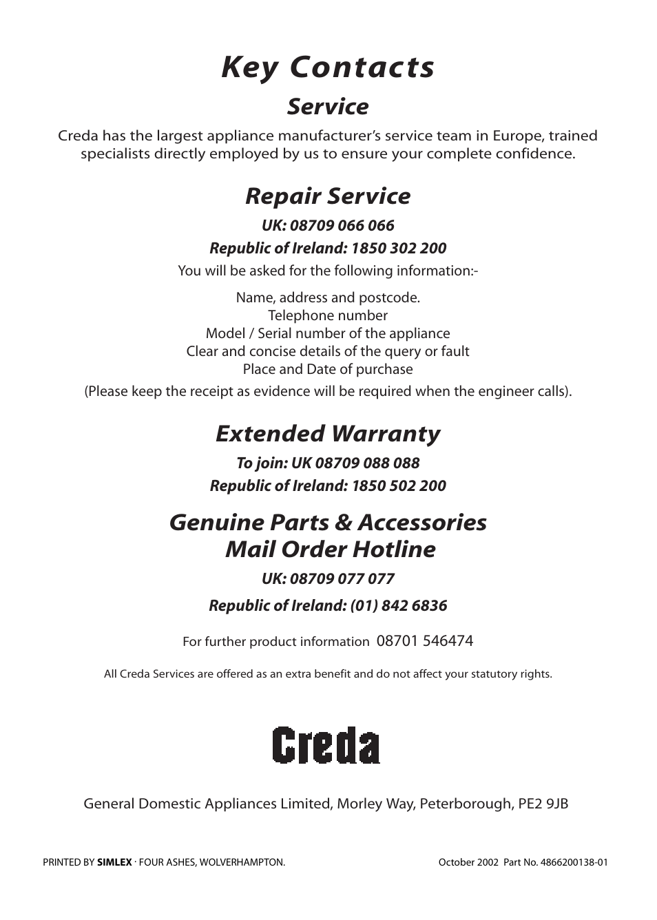 Key contacts, Service, Repair service | Extended warranty, Genuine parts & accessories mail order hotline | Creda E420E User Manual | Page 40 / 40