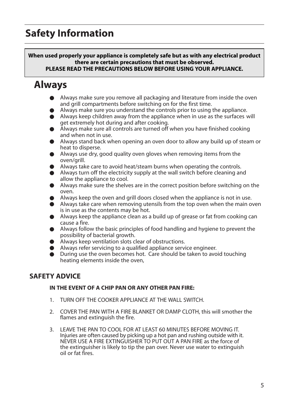 Always, Safety information | Creda E420E User Manual | Page 5 / 40