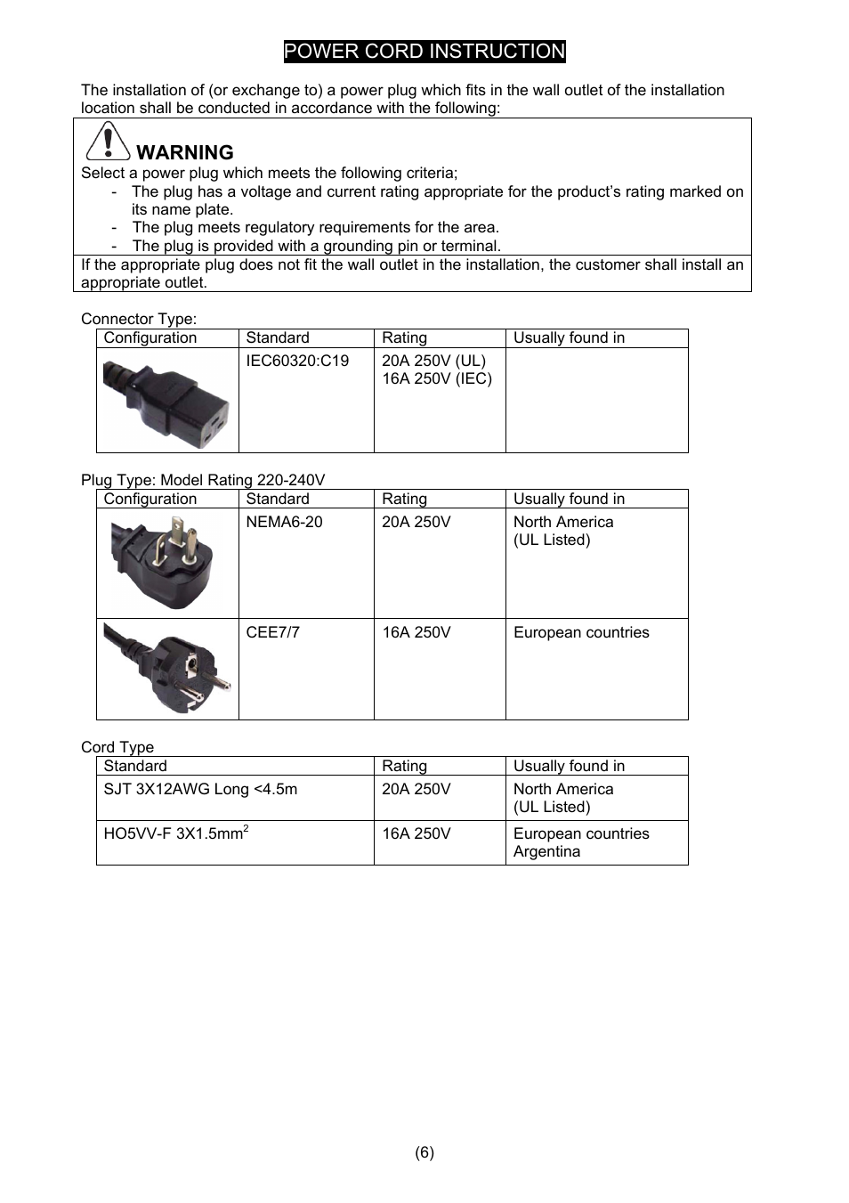 Power cord instruction, Warning | KIP 9900 User Manual | Page 7 / 139