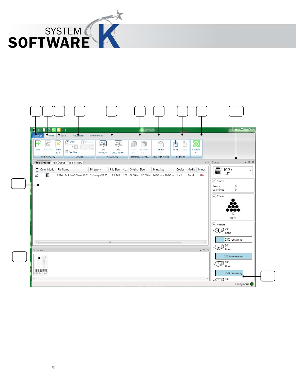 1 main screen, 2 home tab, Main screen | Kip print pro user guide | KIP PrintPro User Manual | Page 5 / 102