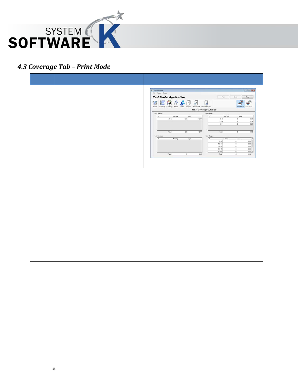 3 coverage tab – print mode, Kip cost center user guide | KIP Cost Center User Manual | Page 15 / 31