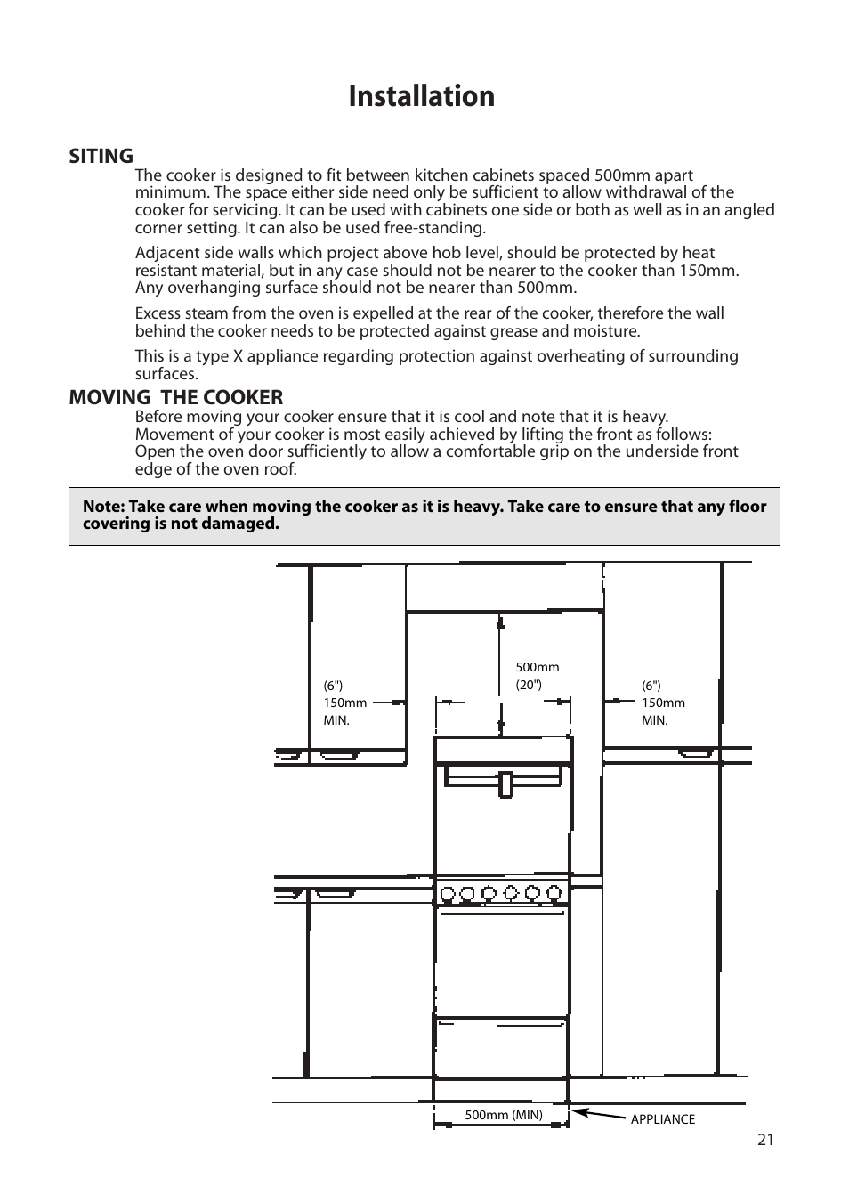 Installation, Siting, Moving the cooker | Creda H050E User Manual | Page 21 / 24