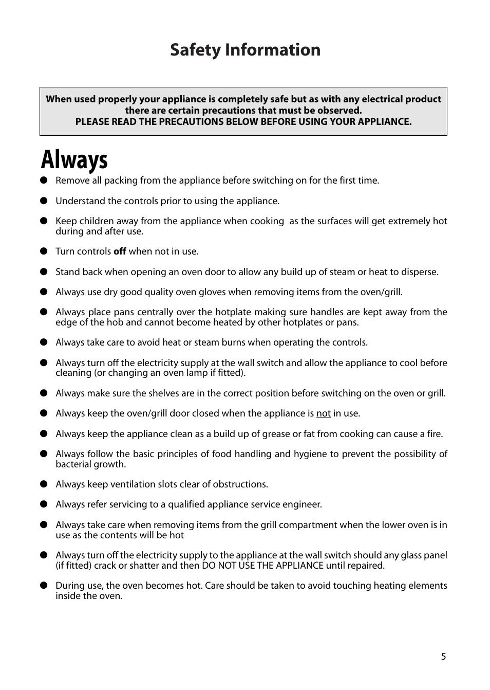 Always, Safety information | Creda H050E User Manual | Page 5 / 24