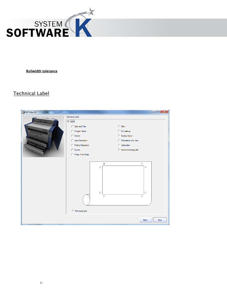 Rollwidth tolerance, Technical label, Echnical | Abel, Kip graphics pro | KIP Graphics Pro User Manual | Page 16 / 99