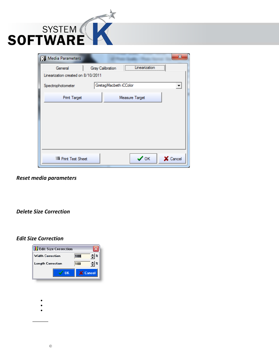 Reset media parameters, Delete size correction, Edit size correction | Kip graphics pro | KIP Graphics Pro User Manual | Page 27 / 99