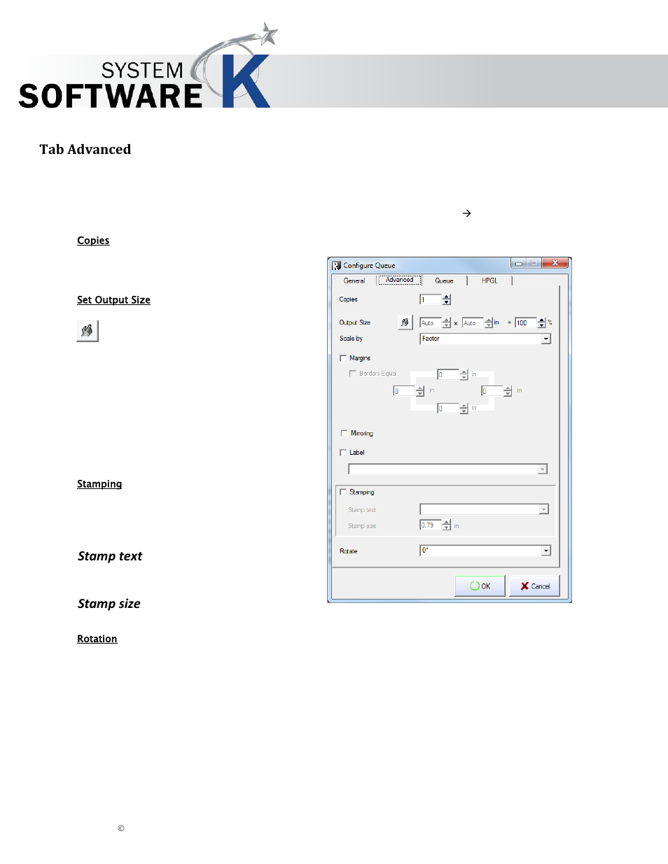 Tab advanced, Copies, Set output size | Stamping, Stamp text, Stamp size, Rotation, Dvanced, Kip graphics pro | KIP Graphics Pro User Manual | Page 31 / 99