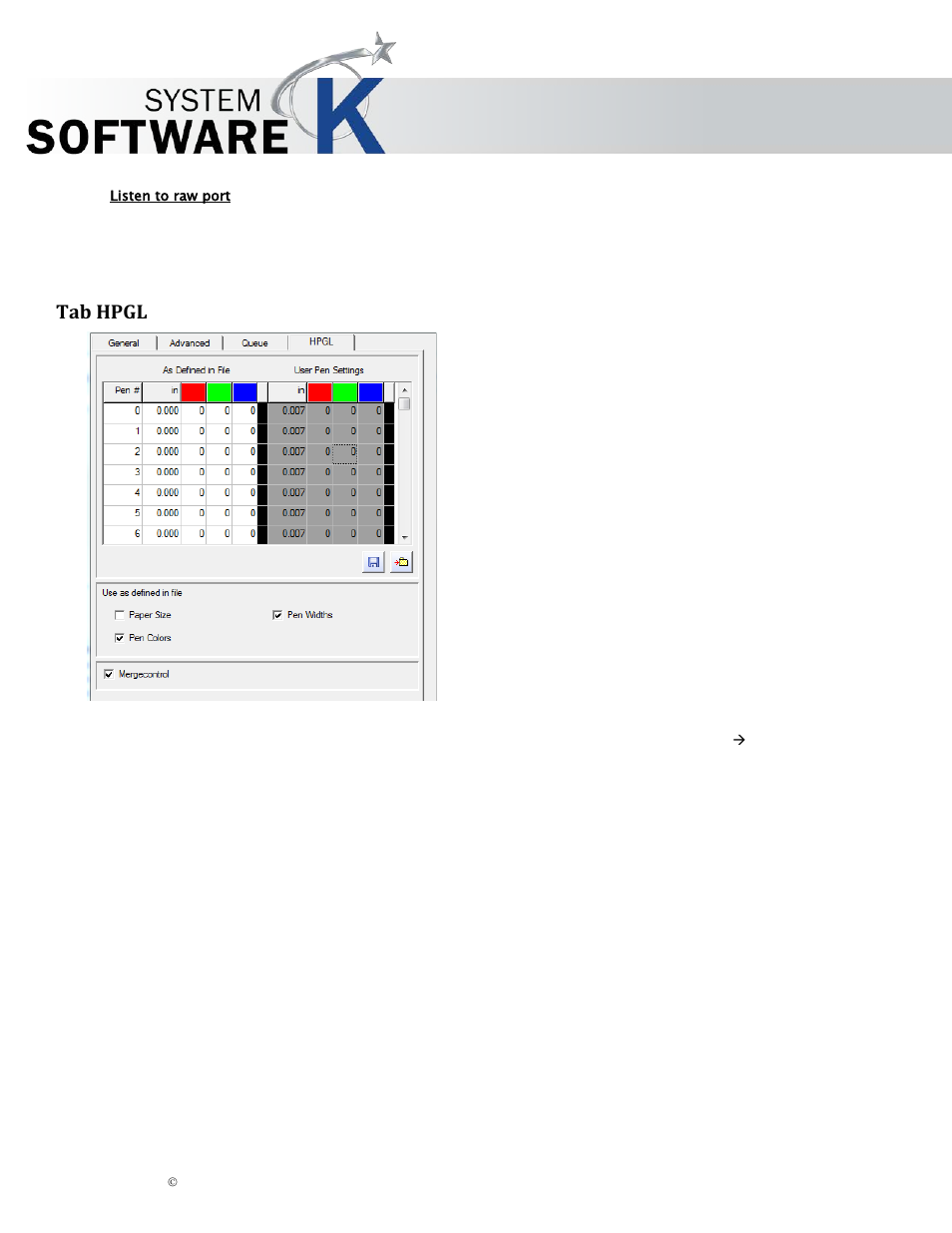 Listen to raw port, Tab hpgl, Hpgl | Kip graphics pro | KIP Graphics Pro User Manual | Page 33 / 99