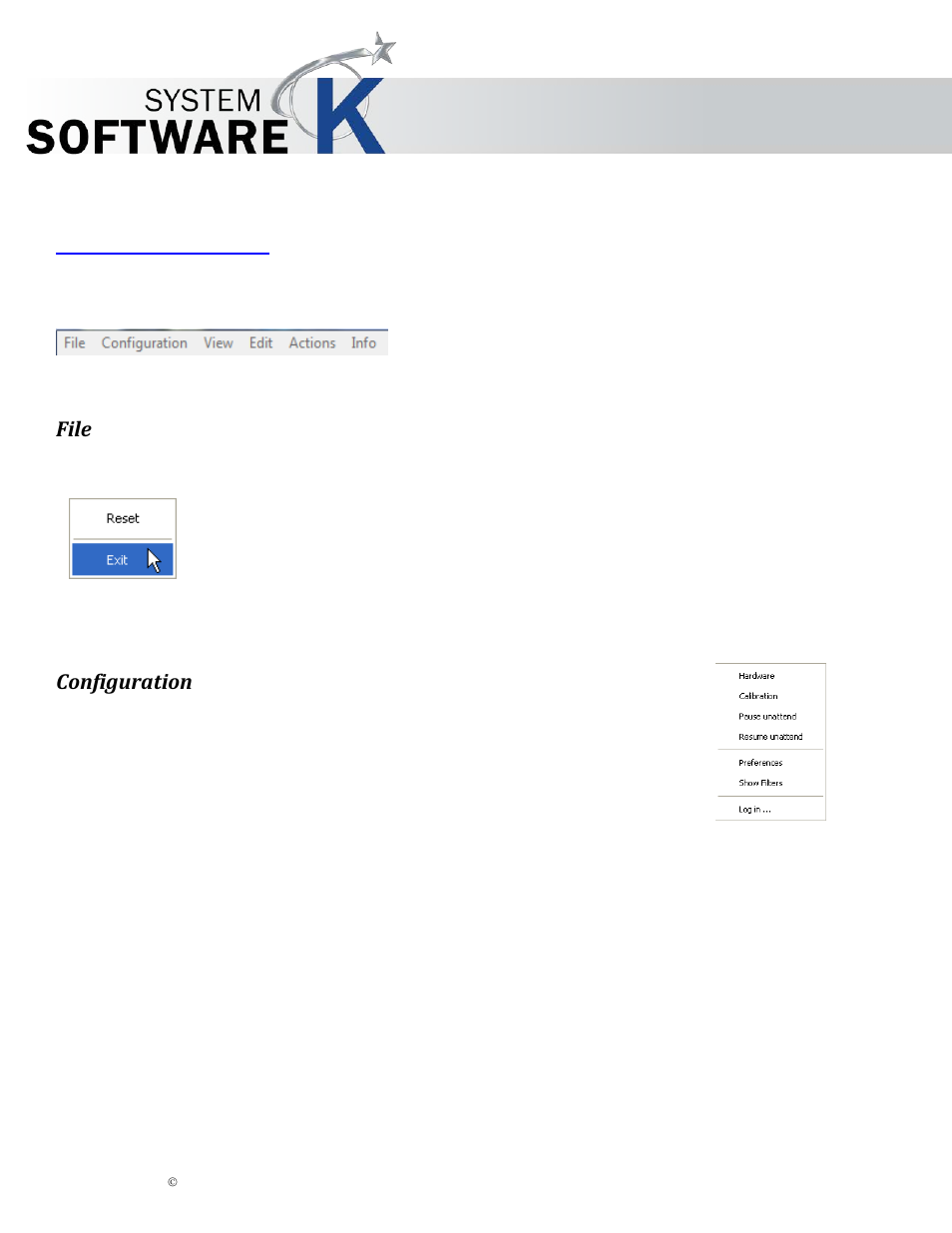 Menu bar options, File, Configuration | Kip graphics pro | KIP Graphics Pro User Manual | Page 34 / 99