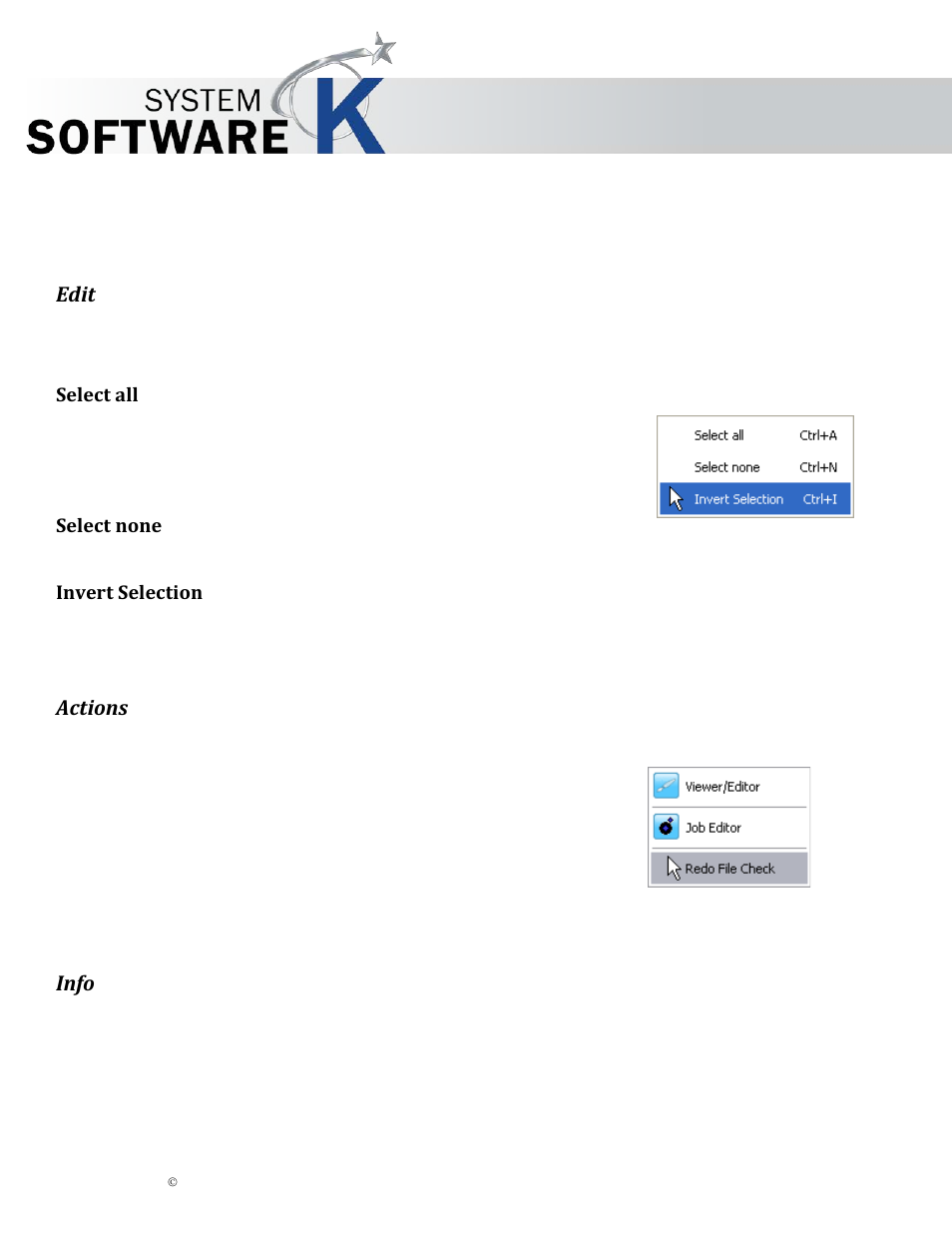 Edit, Select all, Select none | Invert selection, Actions, Info, Elect all, Elect none, Nvert, Election | KIP Graphics Pro User Manual | Page 41 / 99