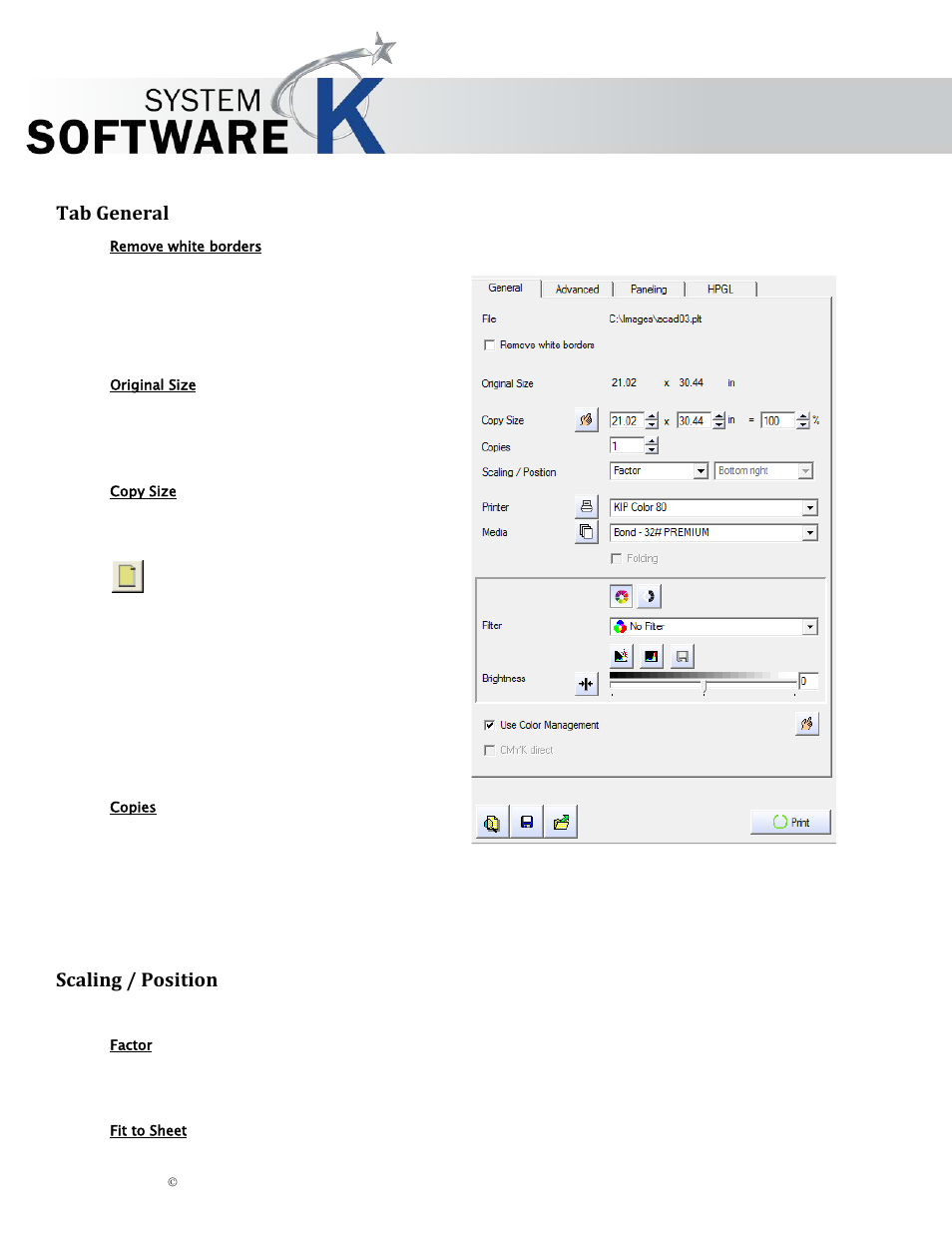 Tab general, Remove white borders, Original size | Copy size, Copies, Scaling / position, Factor, Fit to sheet, Eneral, Caling | KIP Graphics Pro User Manual | Page 44 / 99