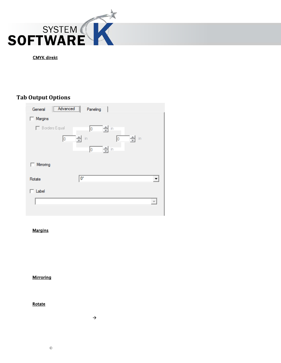 Cmyk direkt, Tab output options, Margins | Mirroring, Rotate, Utput, Ptions, Kip graphics pro | KIP Graphics Pro User Manual | Page 48 / 99