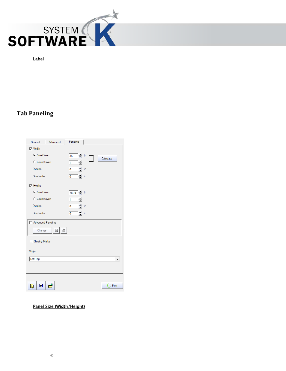 Label, Tab paneling, Panel size (width/height) | Aneling, Kip graphics pro | KIP Graphics Pro User Manual | Page 49 / 99