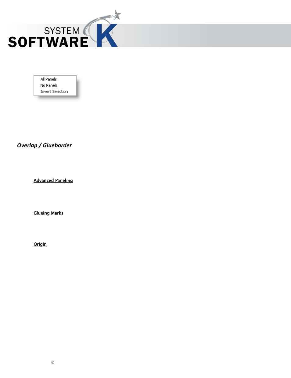 Overlap / glueborder, Advanced paneling, Glueing marks | Origin, Kip graphics pro | KIP Graphics Pro User Manual | Page 51 / 99