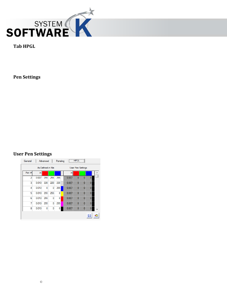 Tab hpgl, Pen settings, User pen settings | Hpgl, Ettings, Kip graphics pro | KIP Graphics Pro User Manual | Page 52 / 99