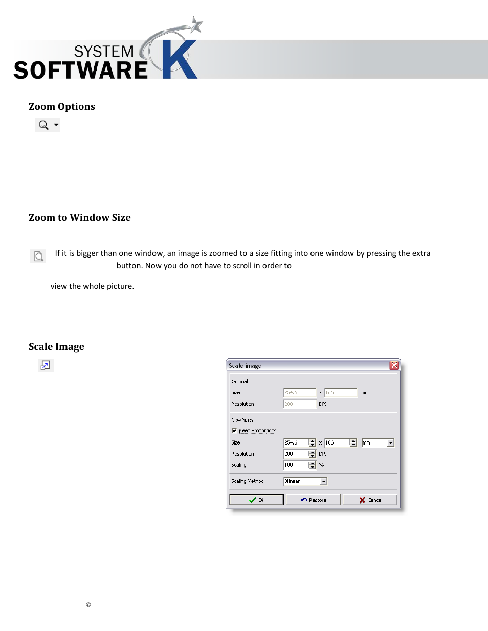 Zoom options, Zoom to window size, Scale image | Ptions, Oom to, Indow, Cale, Mage, Kip graphics pro | KIP Graphics Pro User Manual | Page 56 / 99