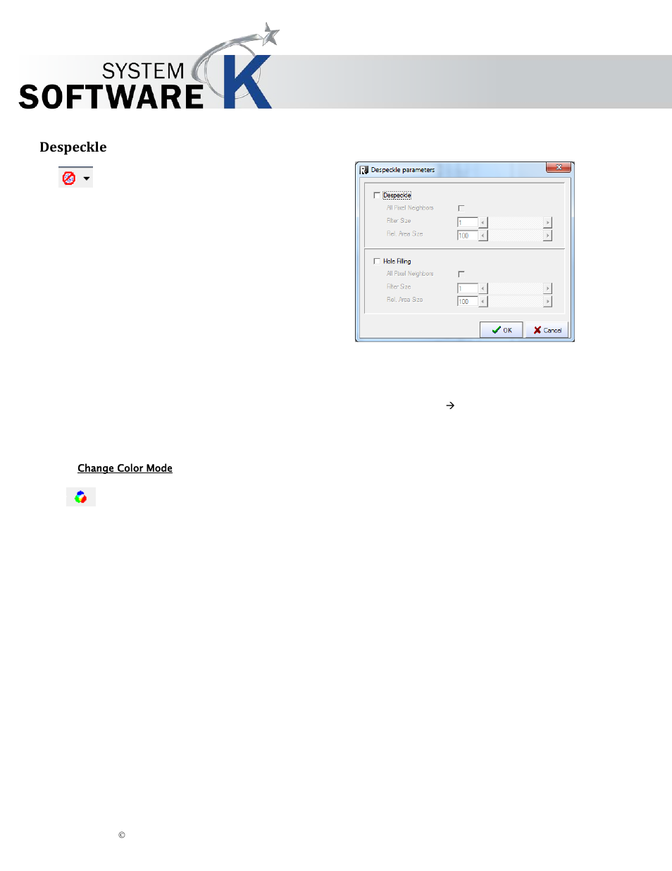 Despeckle, Change color mode, Especkle | Kip graphics pro | KIP Graphics Pro User Manual | Page 58 / 99