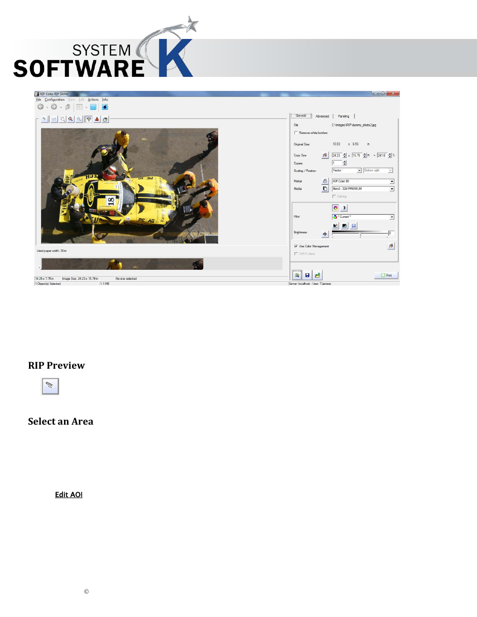 Rip preview, Select an area, Edit aoi | Review, Elect an, Kip graphics pro | KIP Graphics Pro User Manual | Page 61 / 99