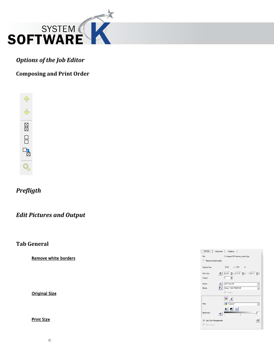 Options of the job editor, Composing and print order, Prefligth | Edit pictures and output, Tab general, Remove white borders, Original size, Print size, Omposing and, Rint | KIP Graphics Pro User Manual | Page 66 / 99