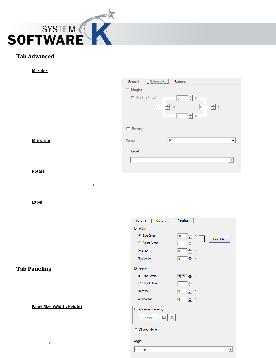 Tab advanced, Margins, Mirroring | Rotate, Label, Tab paneling, Panel size (width/height), Dvanced, Aneling, Kip graphics pro | KIP Graphics Pro User Manual | Page 70 / 99