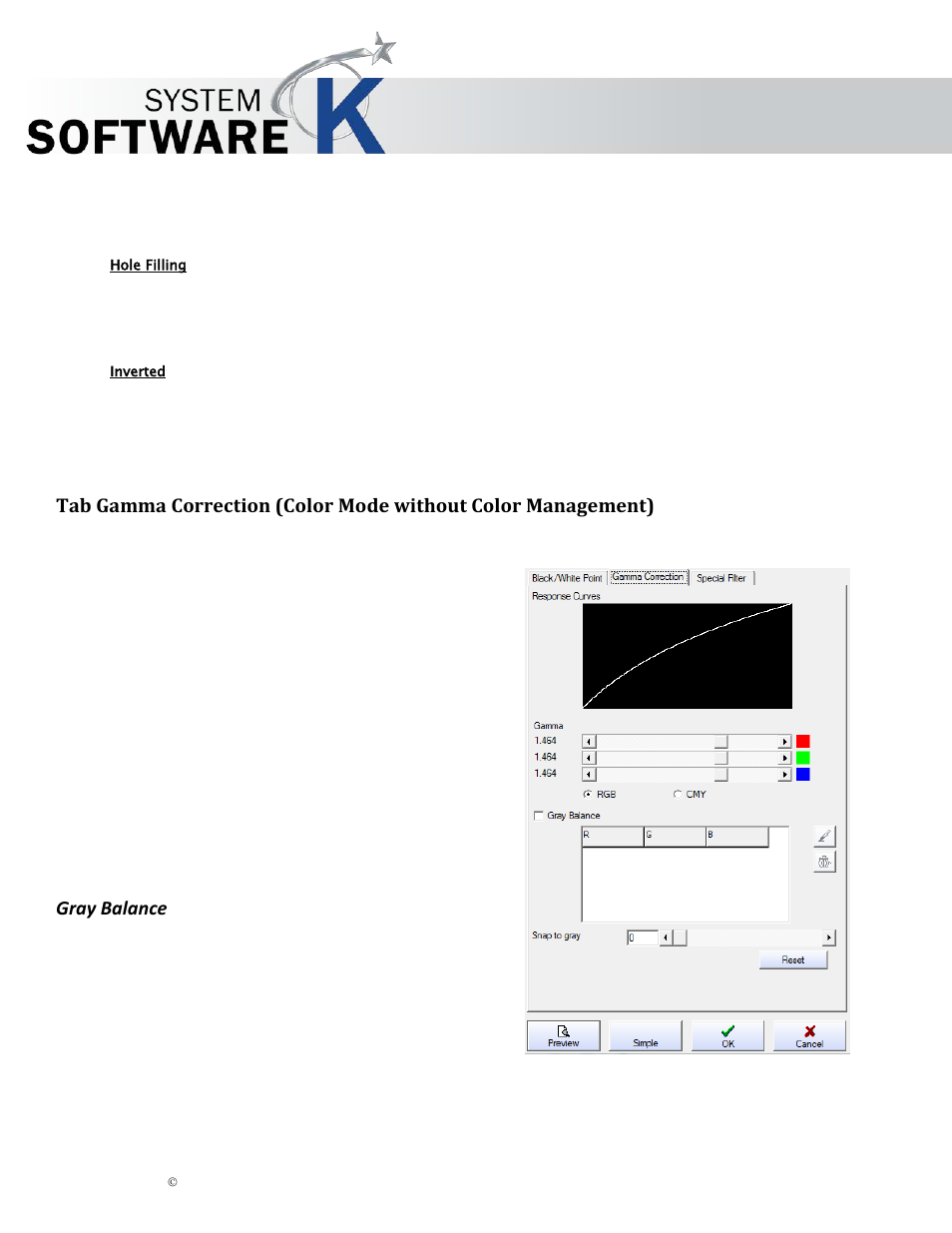 Hole filling, Inverted, Gray balance | Amma, Orrection, Olor, Ode without, Anagement, Kip graphics pro | KIP Graphics Pro User Manual | Page 82 / 99