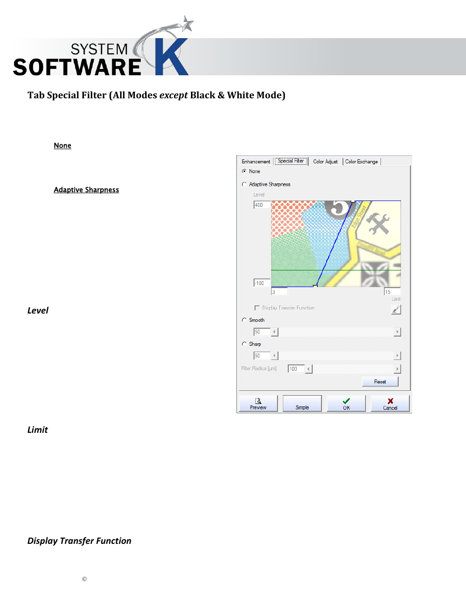 None, Adaptive sharpness, Level | Limit, Display transfer function, Pecial, Ilter, Odes, Except, Lack | KIP Graphics Pro User Manual | Page 84 / 99