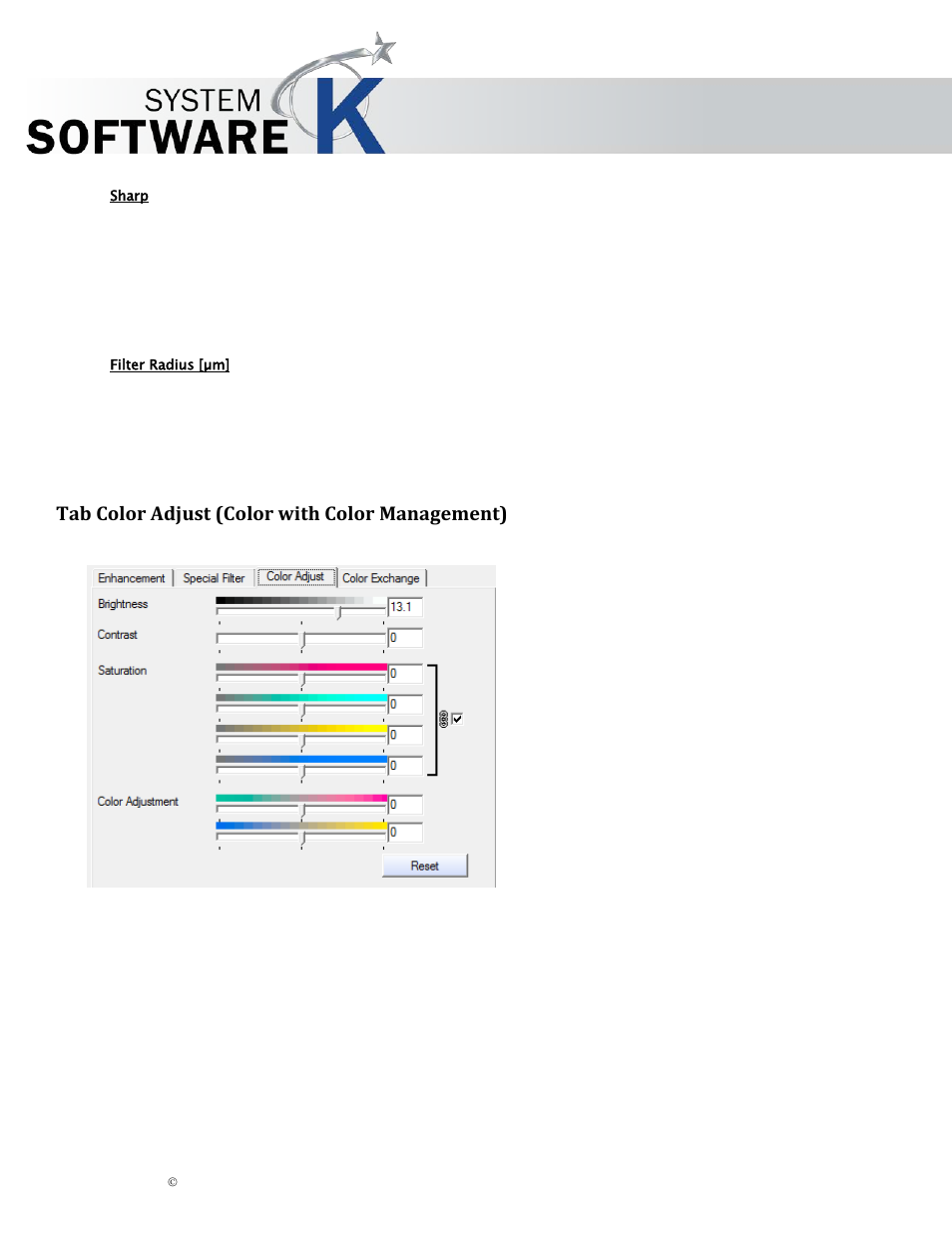 Sharp, Filter radius [µm, Tab color adjust (color with color management) | Olor, Djust, Olor with, Anagement, Kip graphics pro | KIP Graphics Pro User Manual | Page 87 / 99