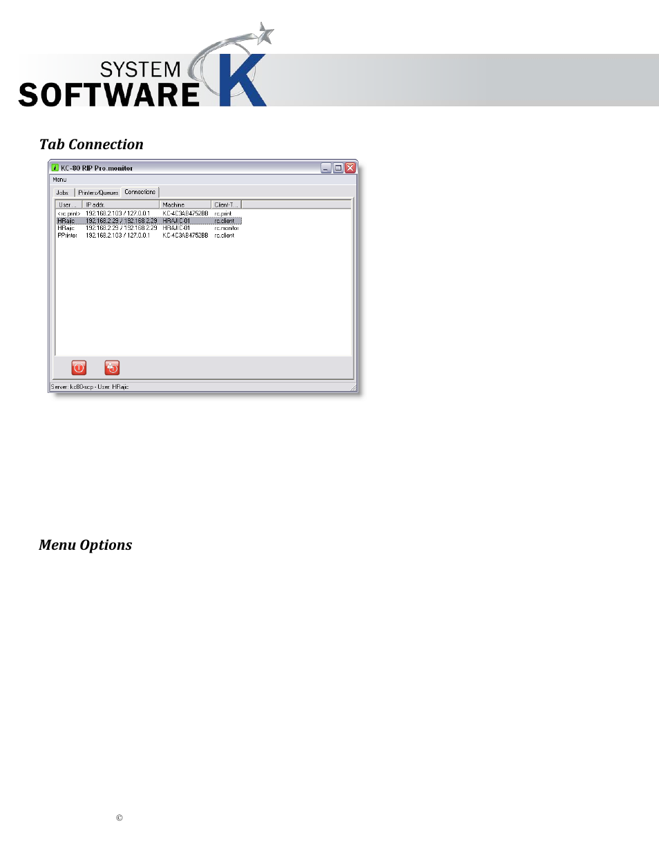 Tab connection, Menu options, Kip graphics pro | KIP Graphics Pro User Manual | Page 93 / 99