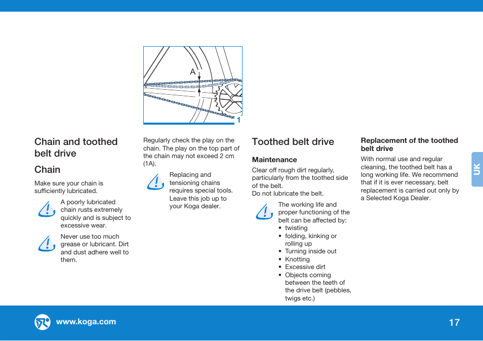 Toothed belt drive, Chain and toothed belt drive chain | Koga GENERAL INSTRUCTION User Manual | Page 17 / 26