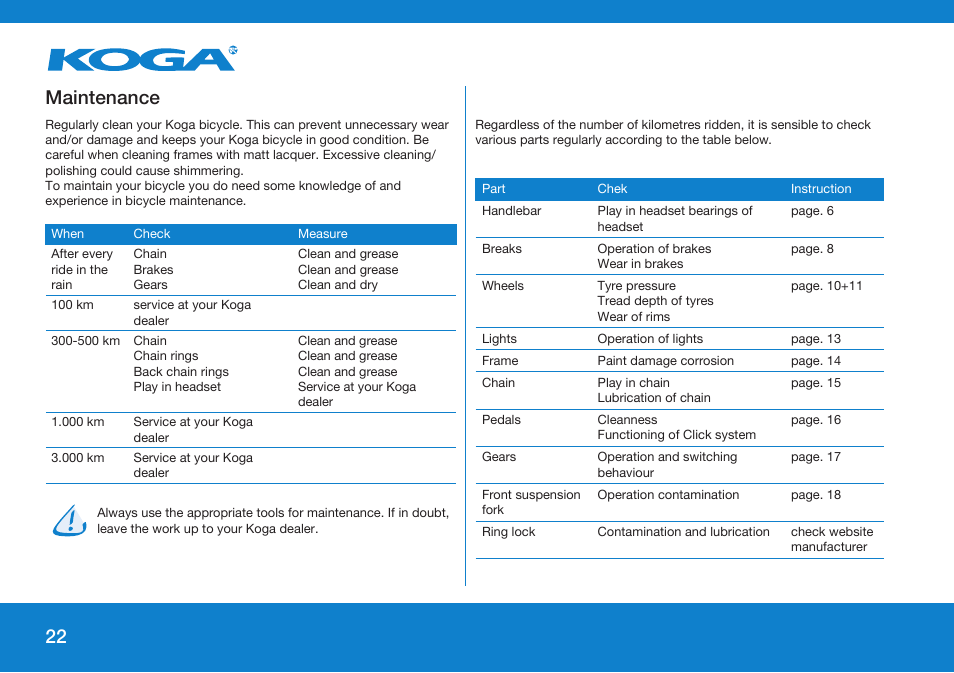 Maintenance | Koga GENERAL INSTRUCTION User Manual | Page 22 / 26