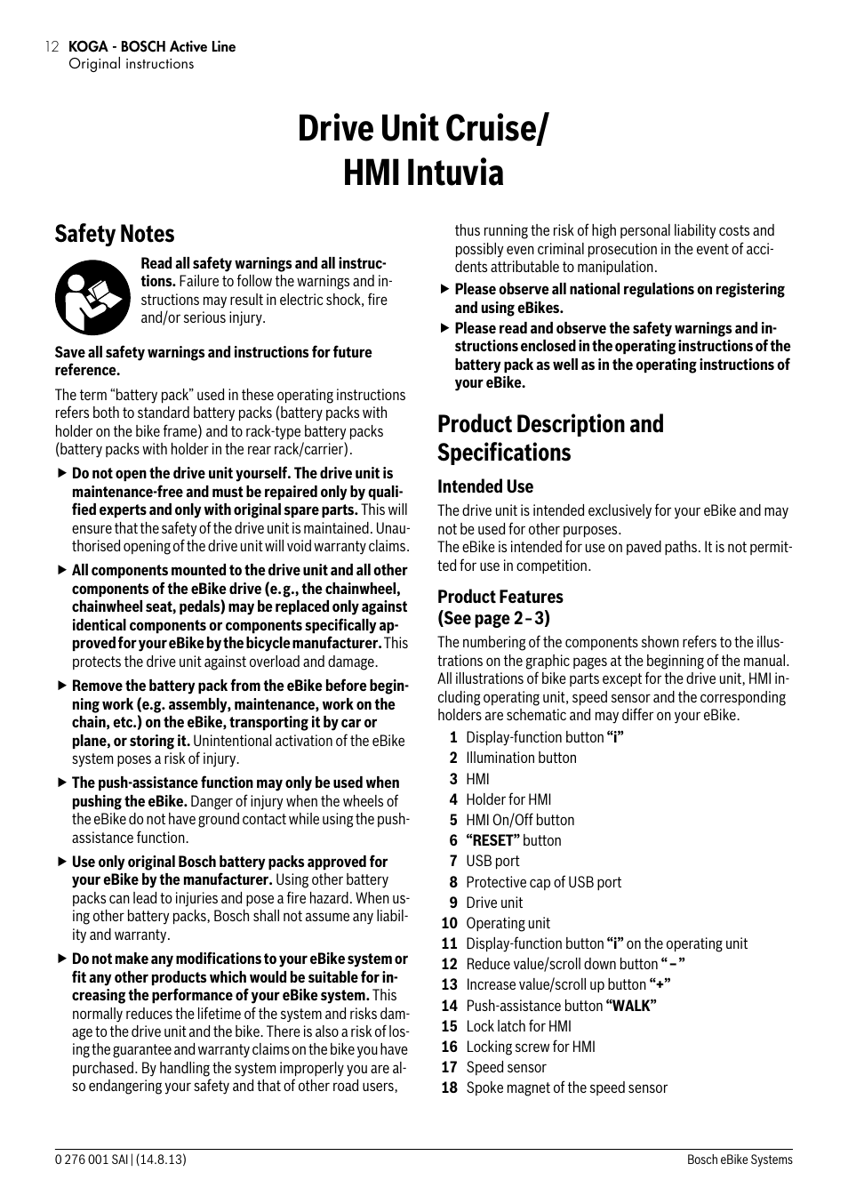 Drive unit cruise/ hmi intuvia, Product description and specifications | Koga E-BIKE BOSCH User Manual | Page 10 / 24