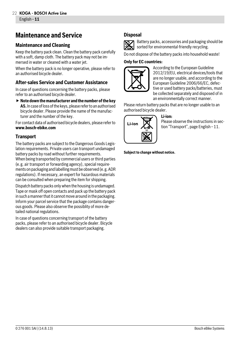 Maintenance and service | Koga E-BIKE BOSCH User Manual | Page 20 / 24