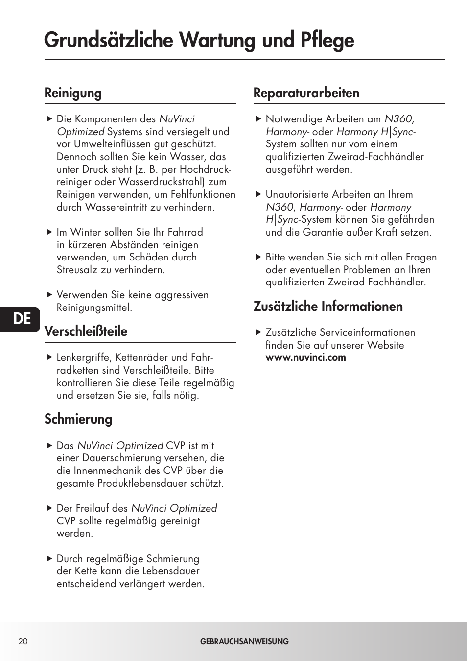 Grundsätzliche wartung und pflege, Reinigung, Verschleißteile | Schmierung, Reparaturarbeiten, Zusätzliche informationen | Koga NuVinciHarmony - E-Nova NuVinci User Manual | Page 20 / 49