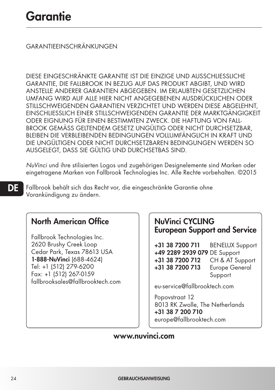 Garantie, Nuvinci cycling european support and service | Koga NuVinciHarmony - E-Nova NuVinci User Manual | Page 24 / 49