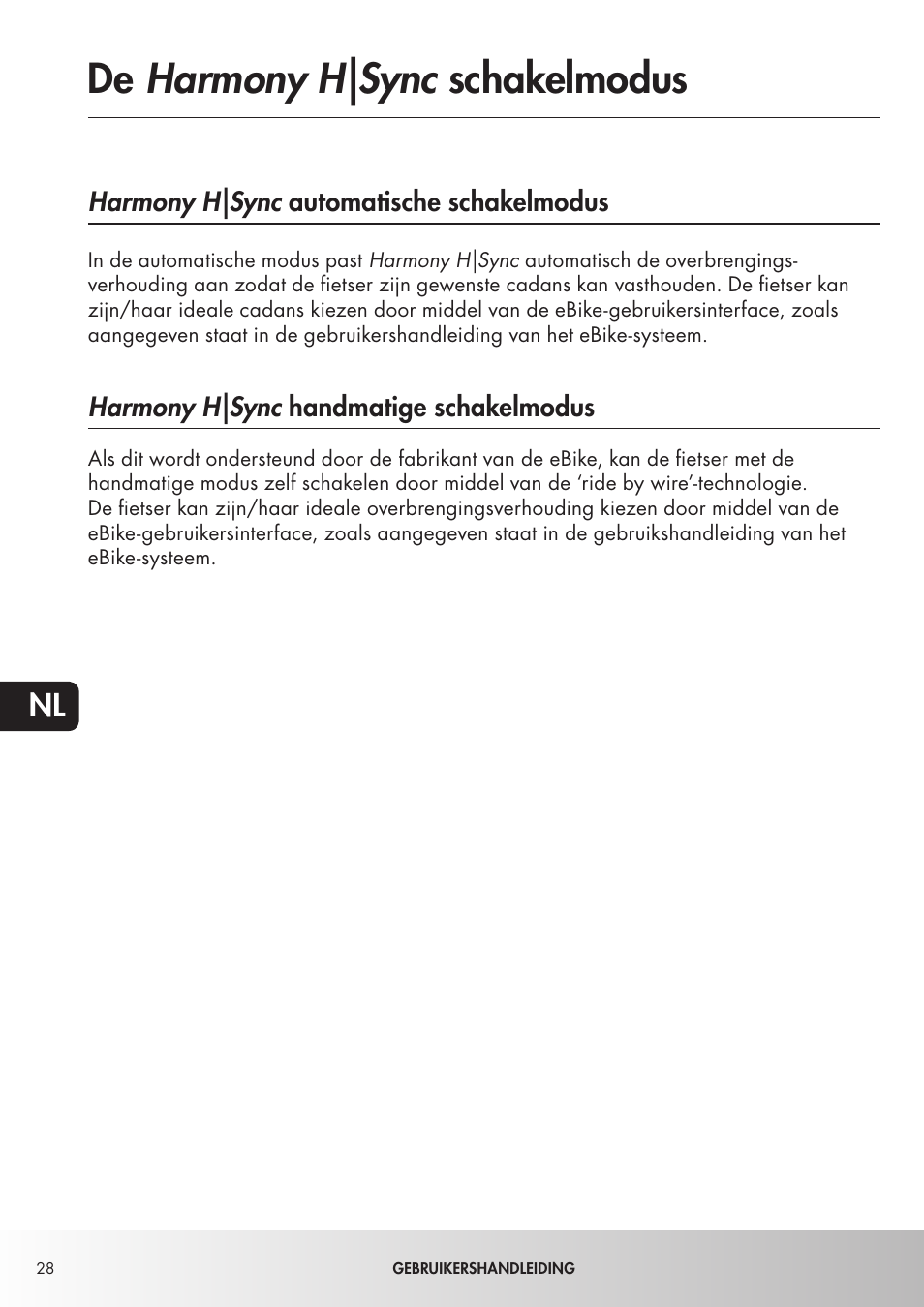 De harmony h|sync schakelmodus, Harmony h|sync automatische schakelmodus, Harmony h|sync handmatige schakelmodus | Koga NuVinciHarmony - E-Nova NuVinci User Manual | Page 28 / 49