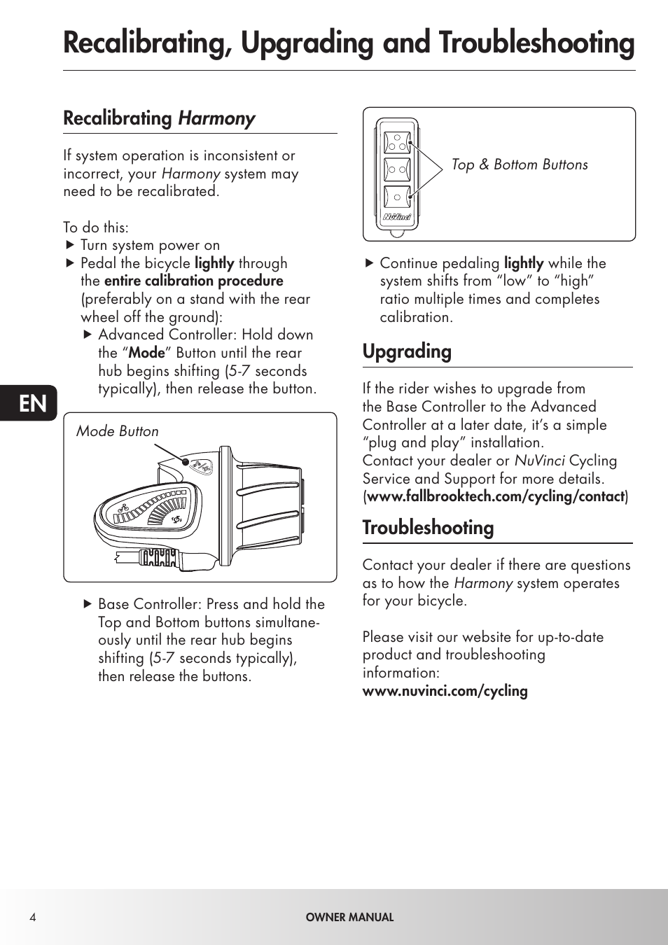 Recalibrating, upgrading and troubleshooting, Recalibrating harmony, Upgrading | Troubleshooting | Koga NuVinciHarmony - E-Nova NuVinci User Manual | Page 4 / 49