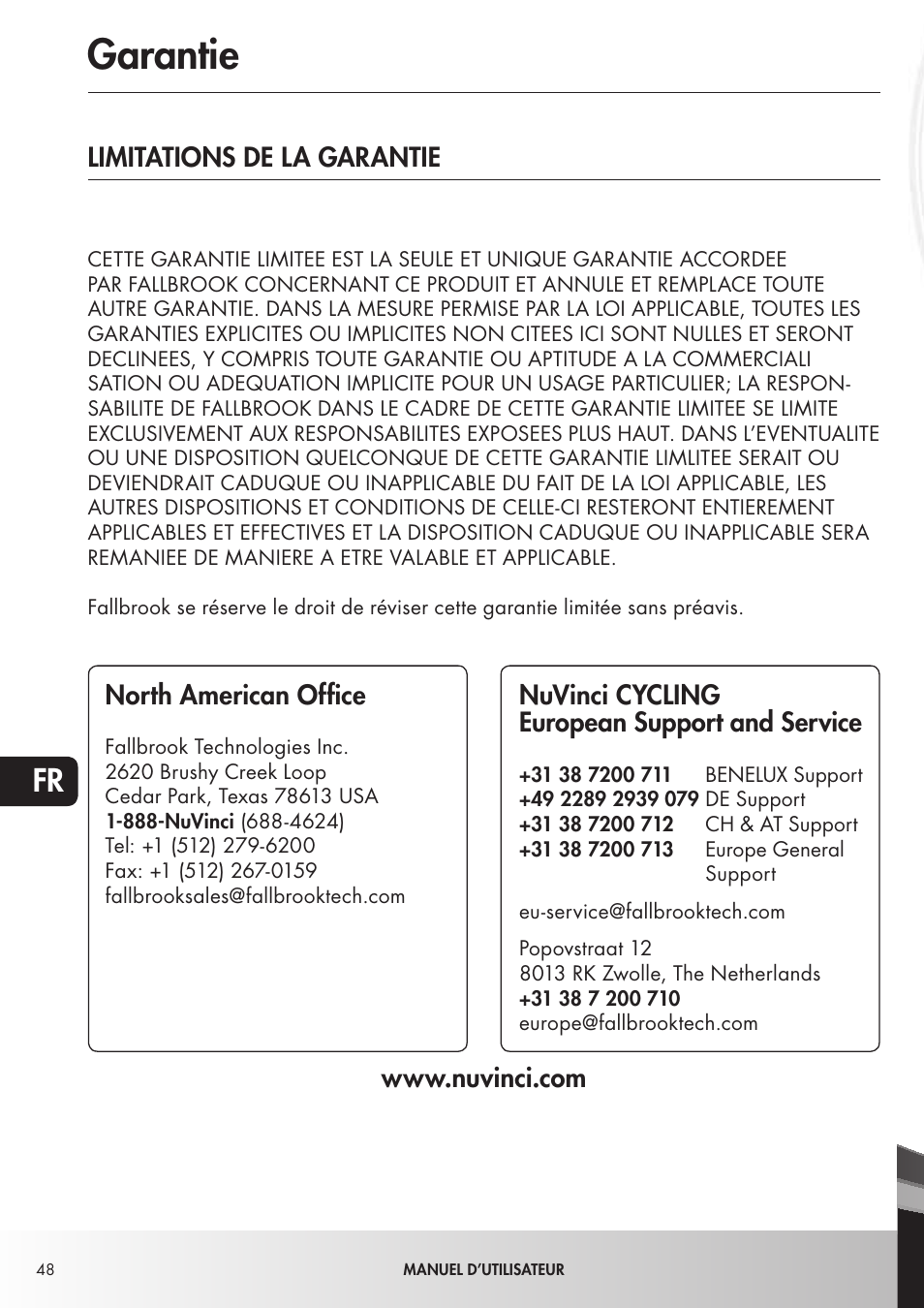 Garantie, Limitations de la garantie, Nuvinci cycling european support and service | Koga NuVinciHarmony - E-Nova NuVinci User Manual | Page 48 / 49