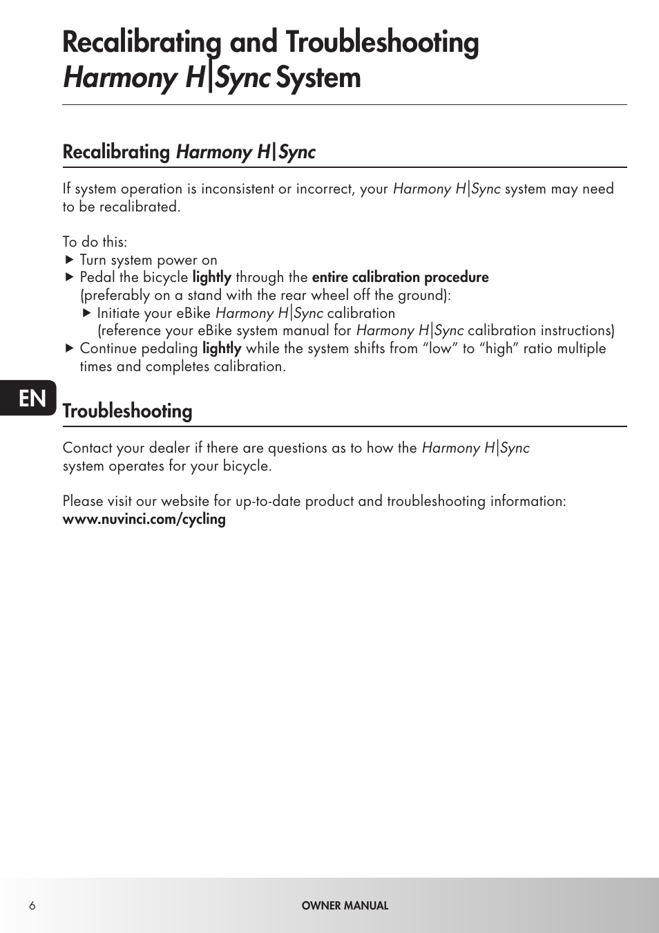 Recalibrating and troubleshooting harmony h|sync, System | Koga NuVinciHarmony - E-Nova NuVinci User Manual | Page 6 / 49