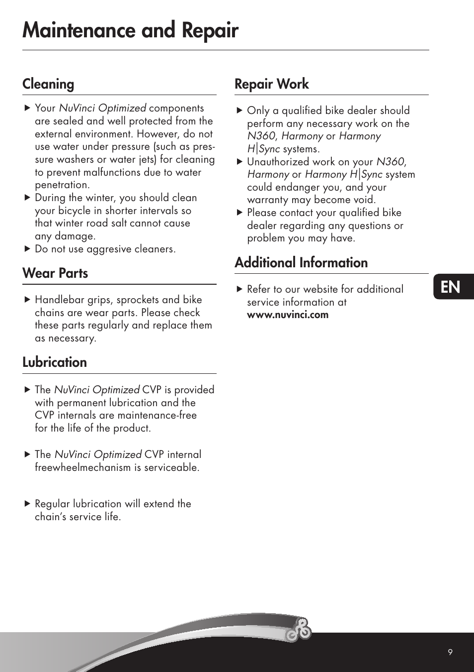 Maintenance and repair, Cleaning, Wear parts | Lubrication, Repair work, Additional information | Koga NuVinciHarmony - E-Nova NuVinci User Manual | Page 9 / 49