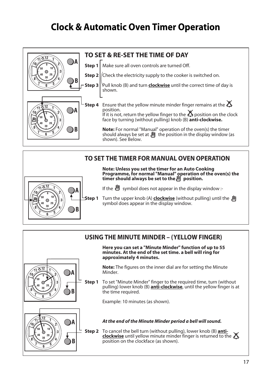 Clock & automatic oven timer operation, Using the minute minder – (yellow finger) | Creda H250E User Manual | Page 17 / 32