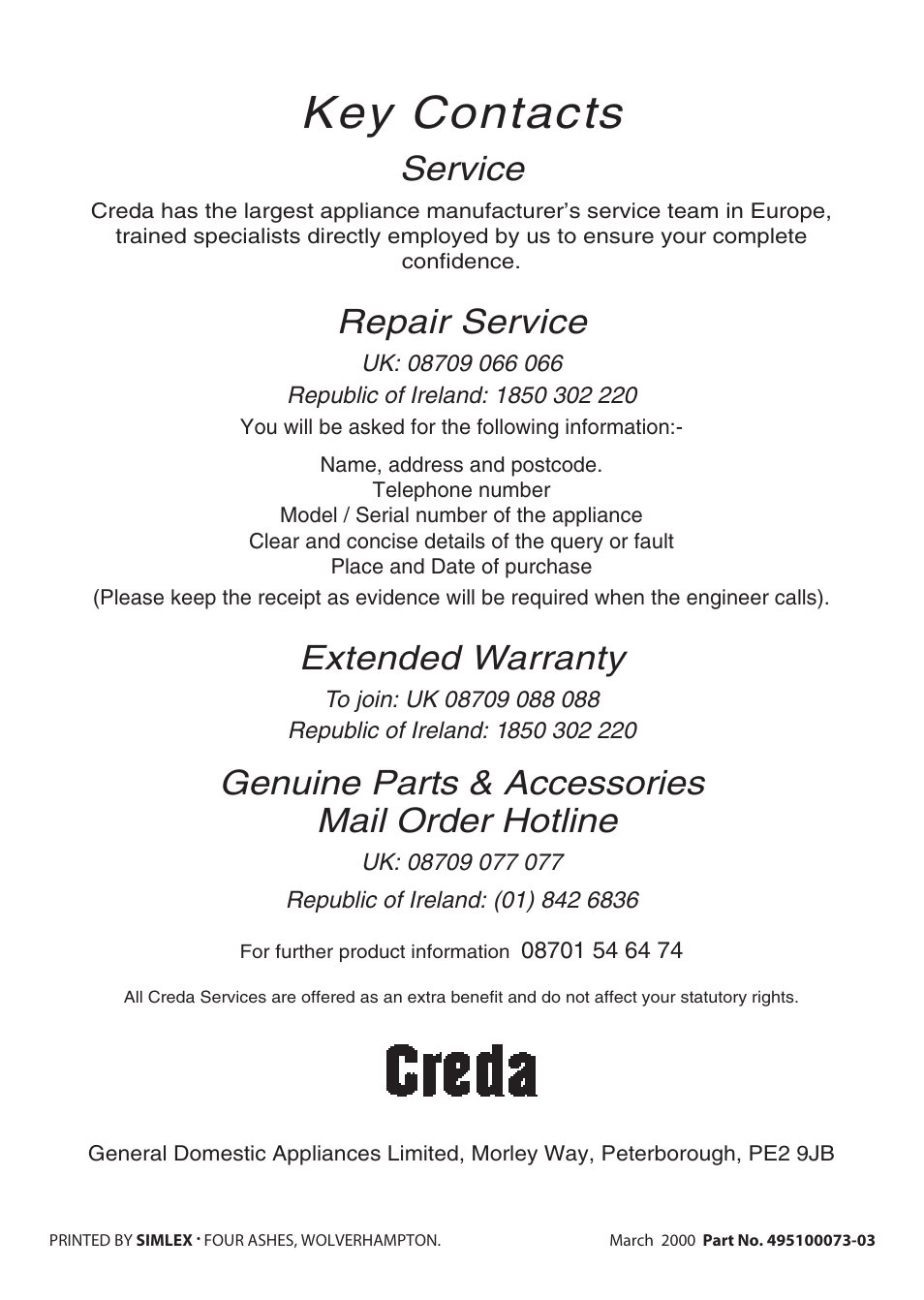 Key contacts, Service, Repair service | Extended warranty, Genuine parts & accessories mail order hotline | Creda H250E User Manual | Page 32 / 32