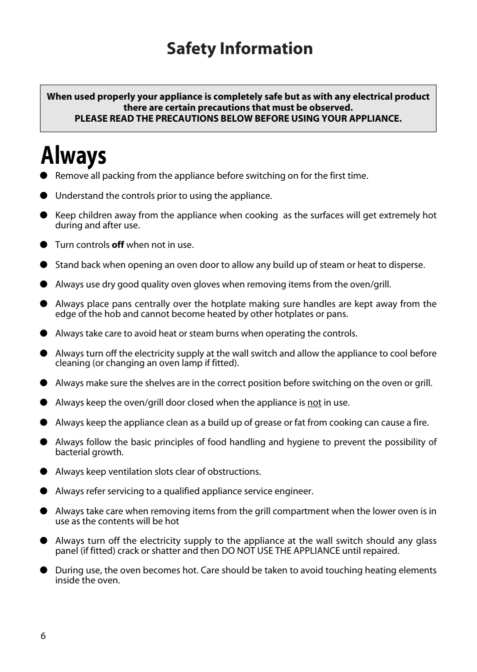 Always, Safety information | Creda H250E User Manual | Page 6 / 32