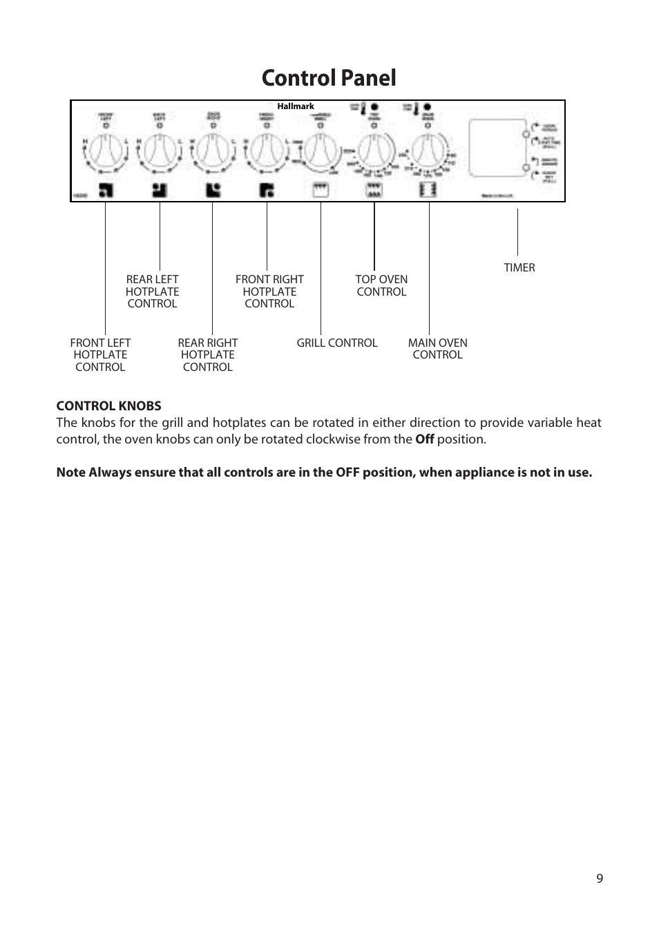 Control panel | Creda H250E User Manual | Page 9 / 32