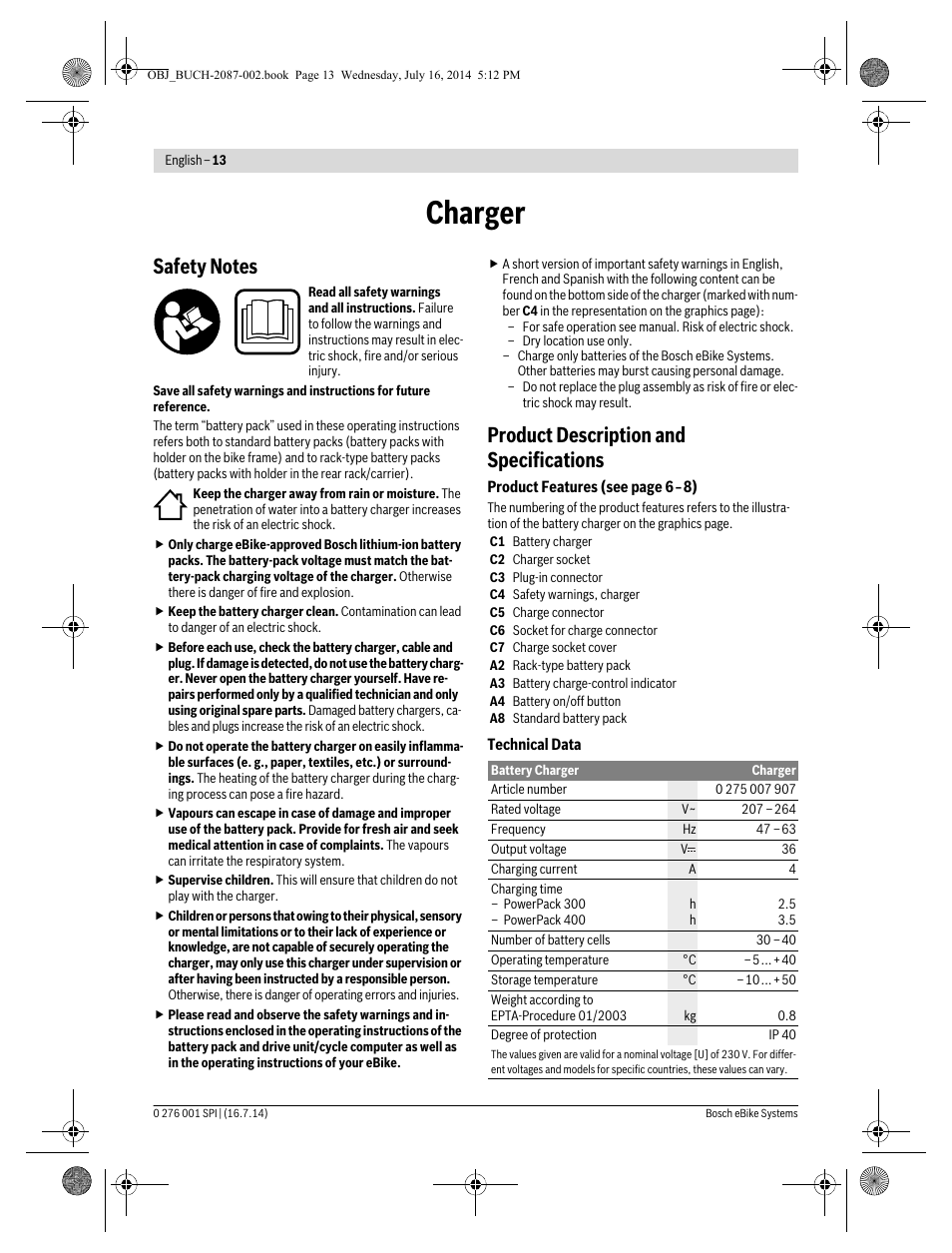 Charger, Product description and specifications | Koga Performance line - E-lement 2015 E-XLR8 User Manual | Page 21 / 23